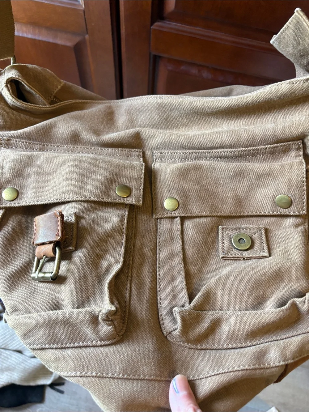 Kattee genuine leather heavy duty canvas messanger bag khaki